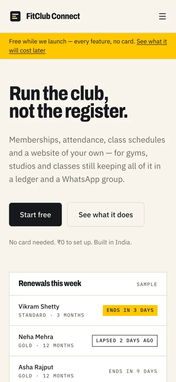 FitClub Connect home page on a phone