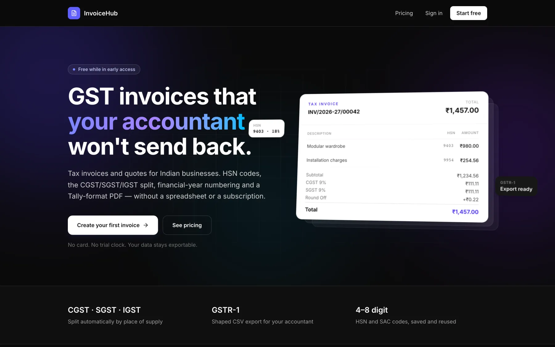 InvoiceHub home page on desktop