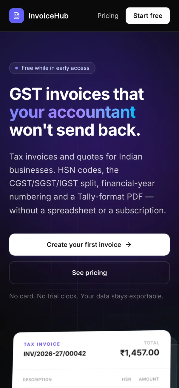 InvoiceHub home page on a phone