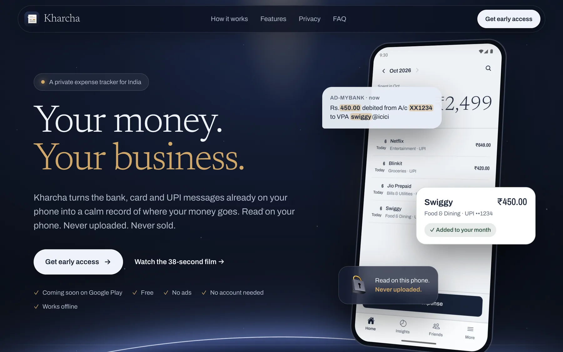Kharcha home page on desktop