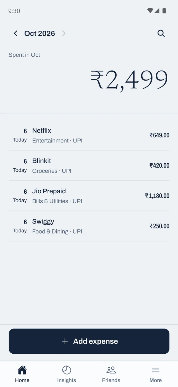 Kharcha app home screen, showing the month's spending